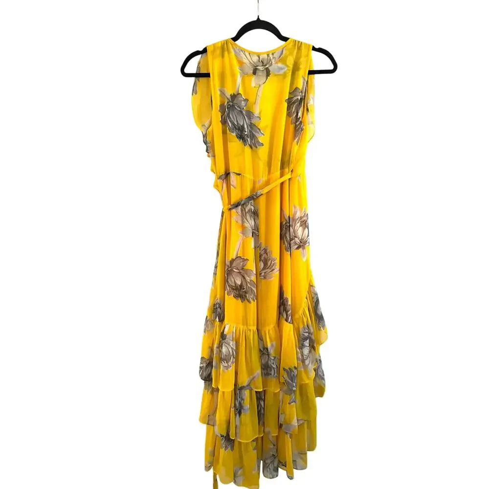 MISA Los Angeles Ilune Yellow Romantic Ruffle Floral Wrap Midi Dress - Sz Small - Picture 3 of 6
